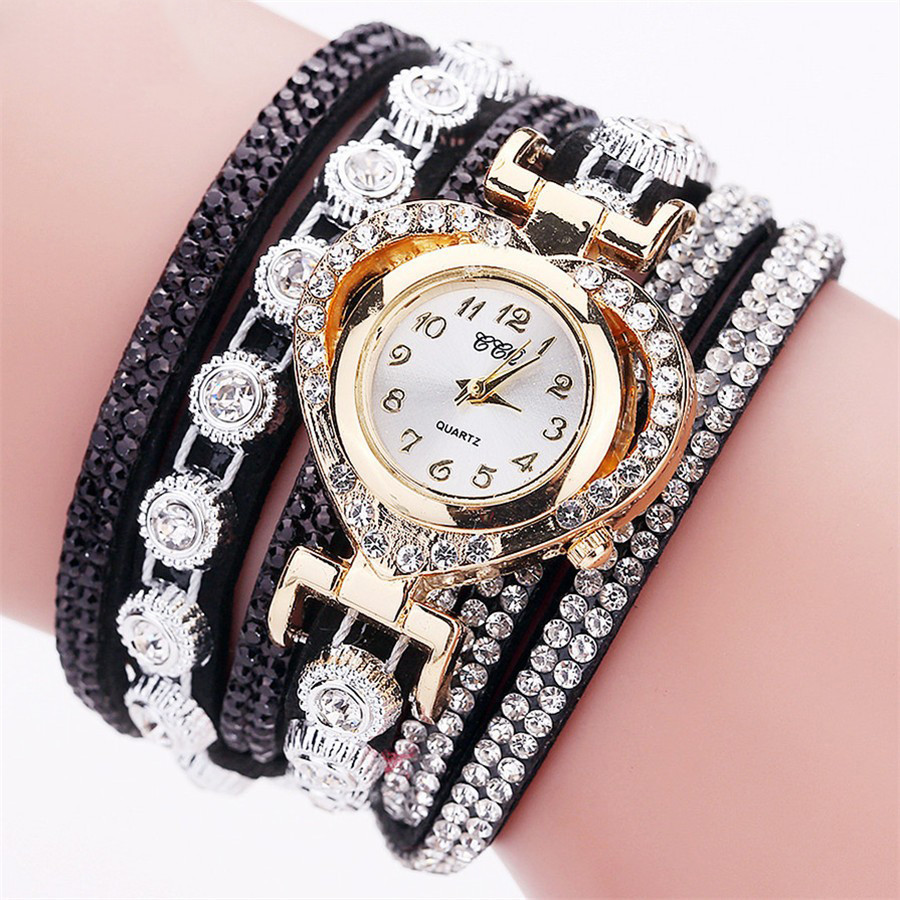 Жіночі годинники браслет зі стразами і чорним браслетом, Жіночий годинник браслет з камінчиками, фото 1