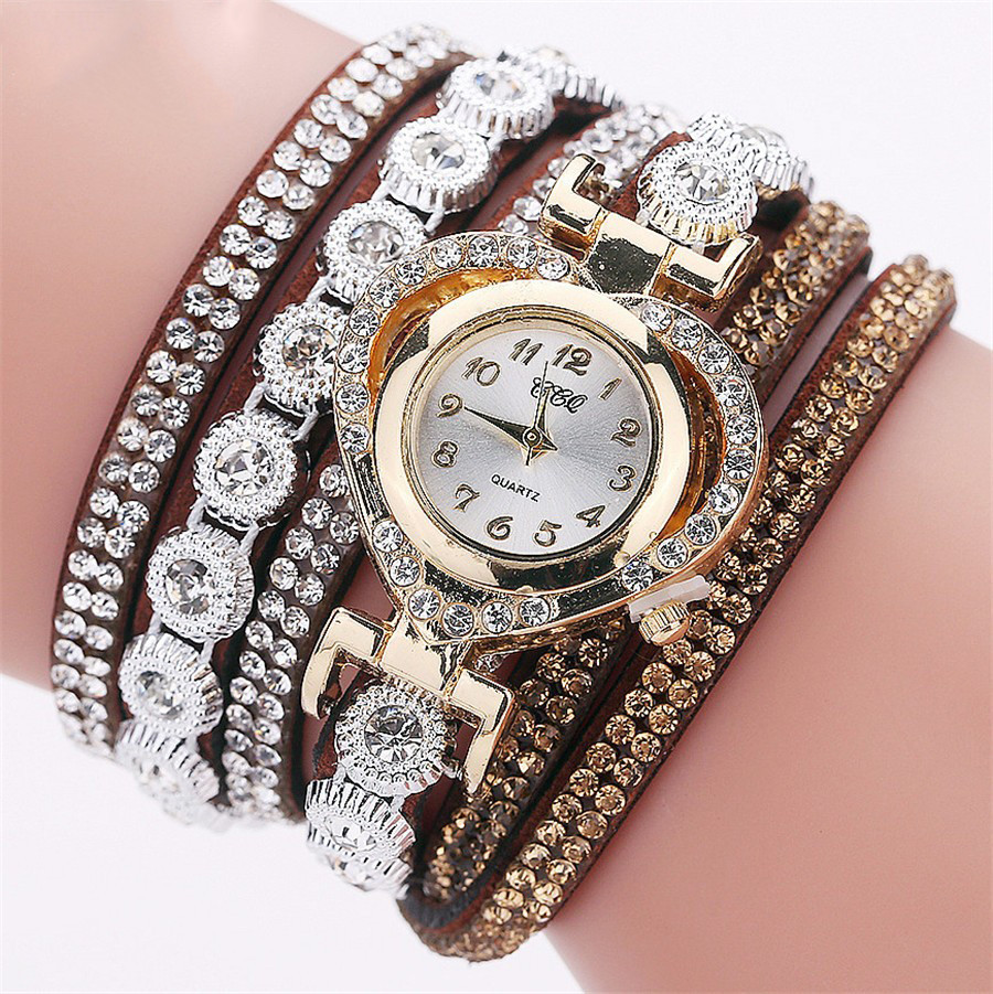 Жіночі годинники браслет зі стразами і коричневим браслетом, Жіночий наручний годиннит браслет, Наручний годинник