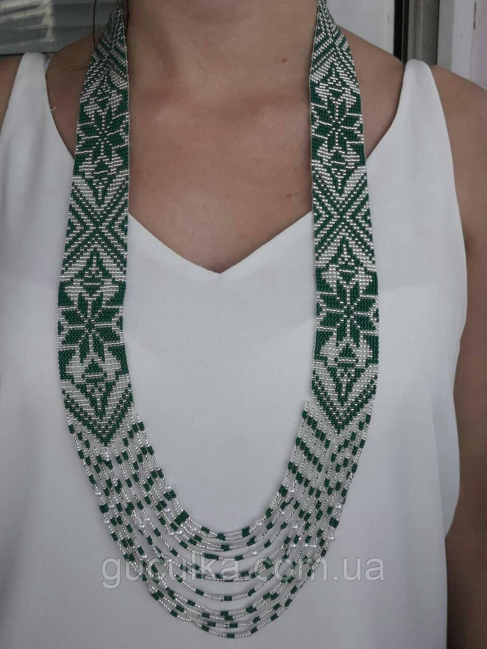 Намисто зелене гердан ручної роботи з круглого бісеру, фото 1