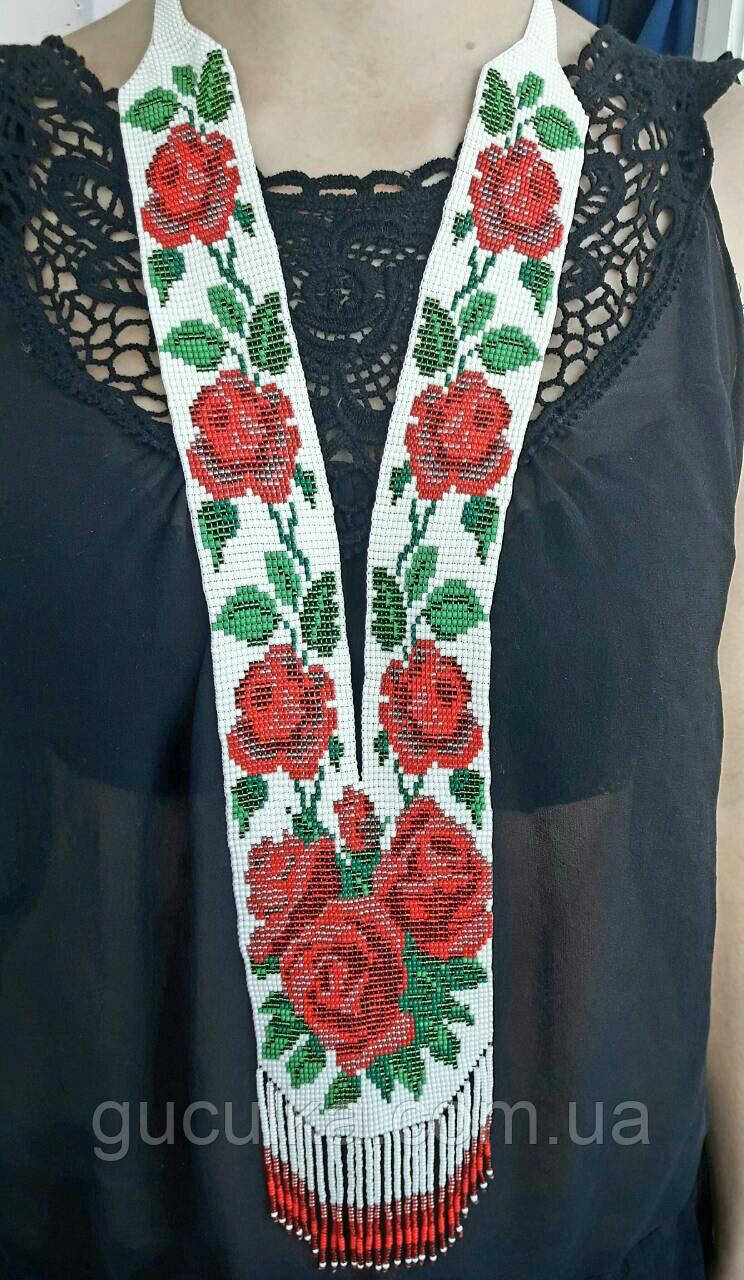 Гердан білий ручної роботи "Троянди" з круглого бісеру, фото 1