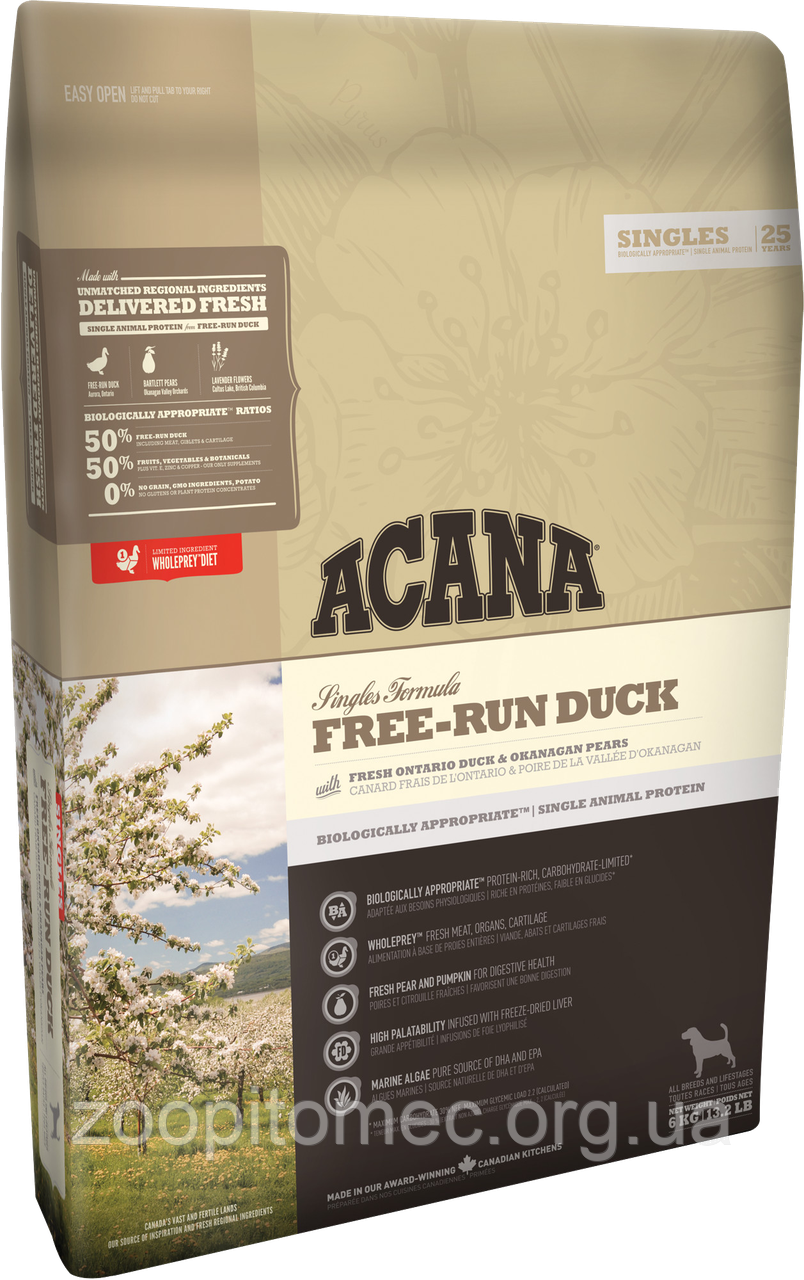 Корм Acana (Акана) Singles FREE-RUN DUCK для собак всіх порід на всіх стадіях життя, з качкою 6 кг