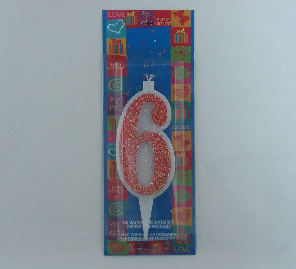 Свічка в торт Червона з блиском "6" / Свічка в торт Червона з блиском "6" 9x3x1 см, фото 1