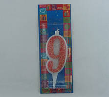 Свічка в торт Червона з блиском "9" / Свічка в торт Червона з блиском "9" 9x3x1 см