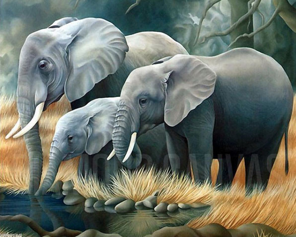 Картина акриловим камінням Сім'я слонів DM-189 (40 х 50 см) ТМ Алмазна мозаїка