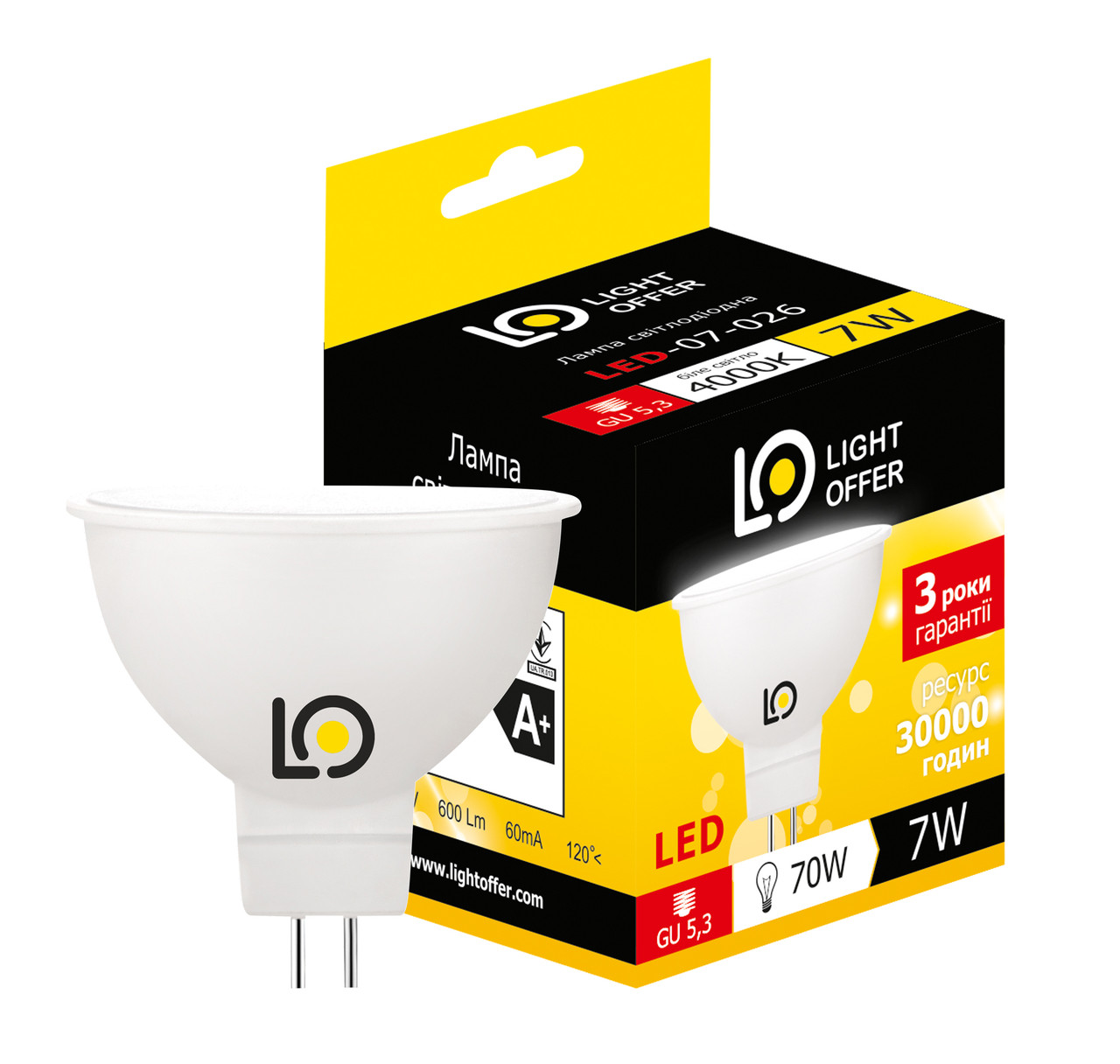 Светодиодная лампа Light Offer LED MR16 7W GU5.3 4000K 600Lm (LЕD - 07 - 026) - фото 1 - id-p276472148