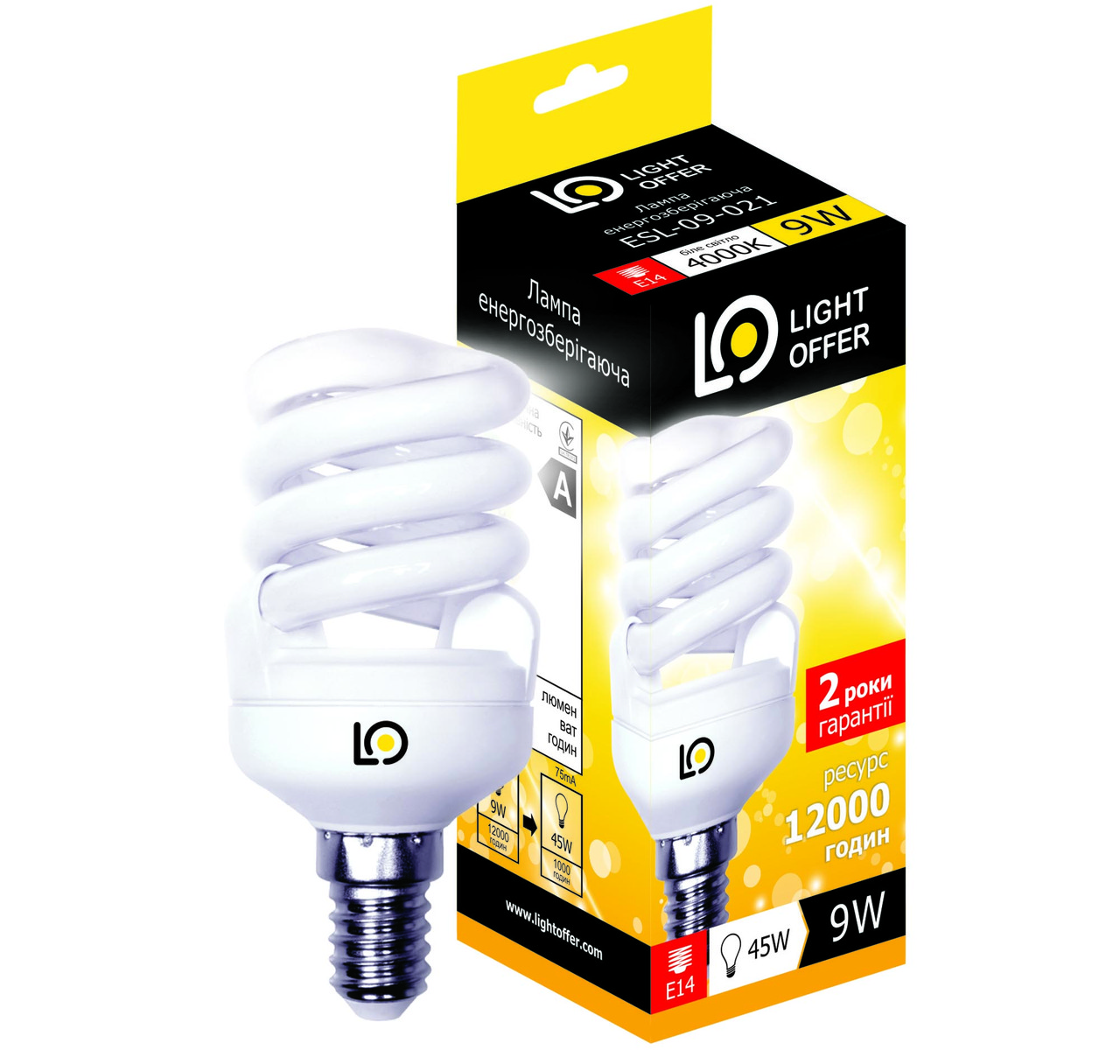 Енергоощадна лампа Light Offer Т2 Spiral ЕSL 9 W E14 4000 К 470 Lm (ЕSL — 09 — 021)