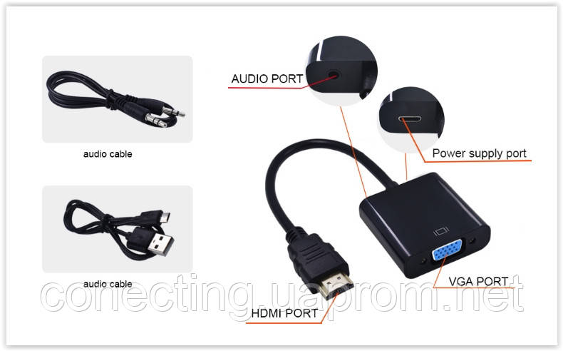 Адаптер HDMI2VGA HDMI to VGA HD 1080P відео конвертер - фото 2 - id-p623506694