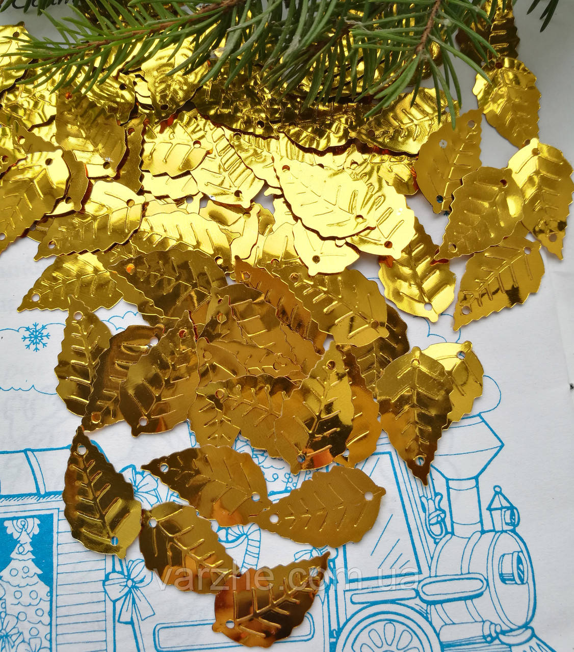 Паєтки, березові листя, золоті 25х14 мм, 500 г/уп