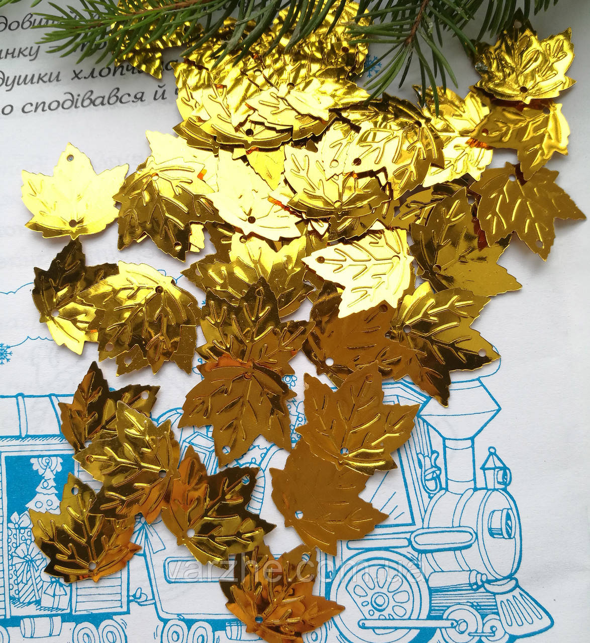 Паєтки, кленове листя, золоті 21х21 мм, 10 г/уп