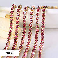 Стразовая цепочка, цвет Rose, ss6 (2mm), металл золото, 1м