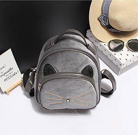 Рюкзак жіночий оксамитовий Кіт з хутряними вушками (сірий)