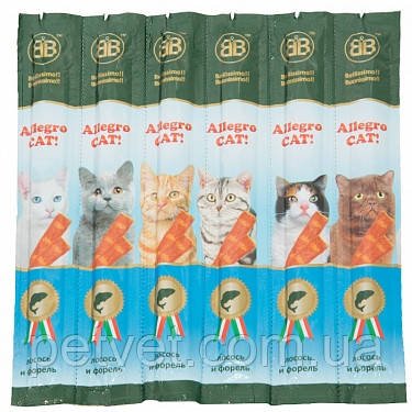 Лакомі ковбаски для кішок Аllegro Cat з лососем і фореллю, 6 шт. по 5 г.