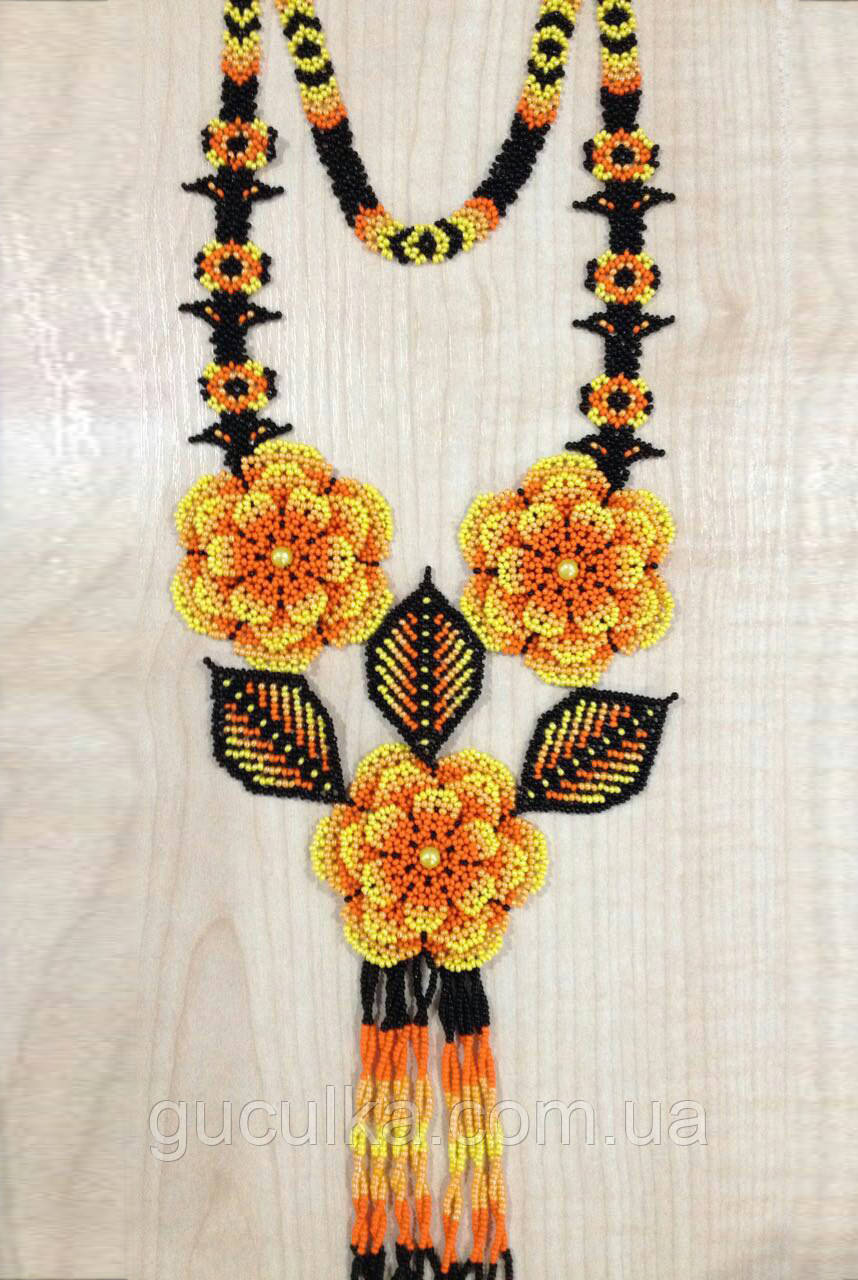 Намисто жовте з чорним бісером ручної роботи, фото 1