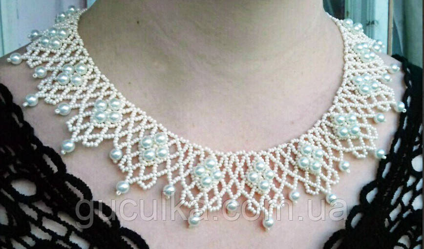 Біле кольє з бісеру "Намистинка" ручної роботи, фото 1