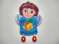 Керамічне настінне панно "Ангелик з яблучком" (блакитний, темне волосся)