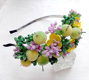 Обруч для волосся з квітами та фруктами ручної роботи "Яблучка"