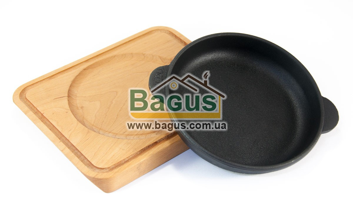 Сковорода чавунна порційна 140х25мм на прямокутній дерев'яній підставці з виїмкою Brizoll Україна H1425-D