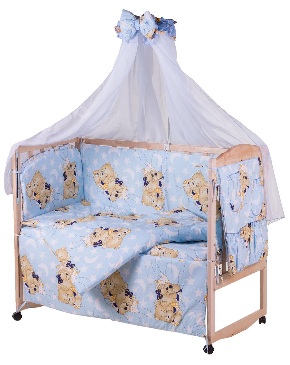 Постельный комплект в кроватку Qvatro Gold 8 элем. голубой (мишка-мальчик и мишка-девочка) - фото 1 - id-p329960871