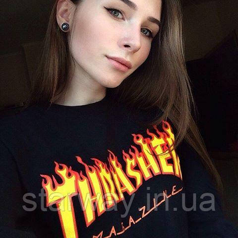 Чорний світшот принт thrasher magazine | стильна жіноча кофта трешер