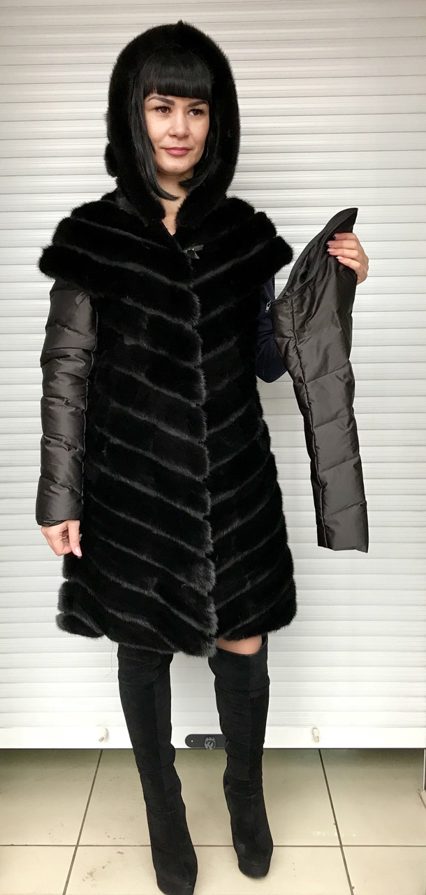 Шуба из норки женская черная диагональка трансформер с капюшоном, фото 1
