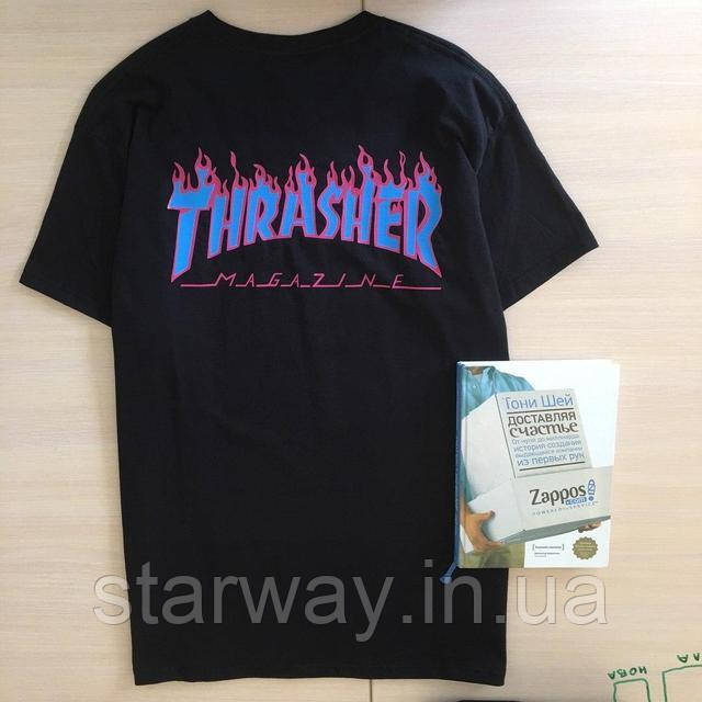 Чорна футболка принт thrasher х supreme