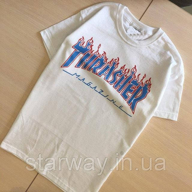 Біла футболка з вогненним принтом thrasher magazine, фото 1