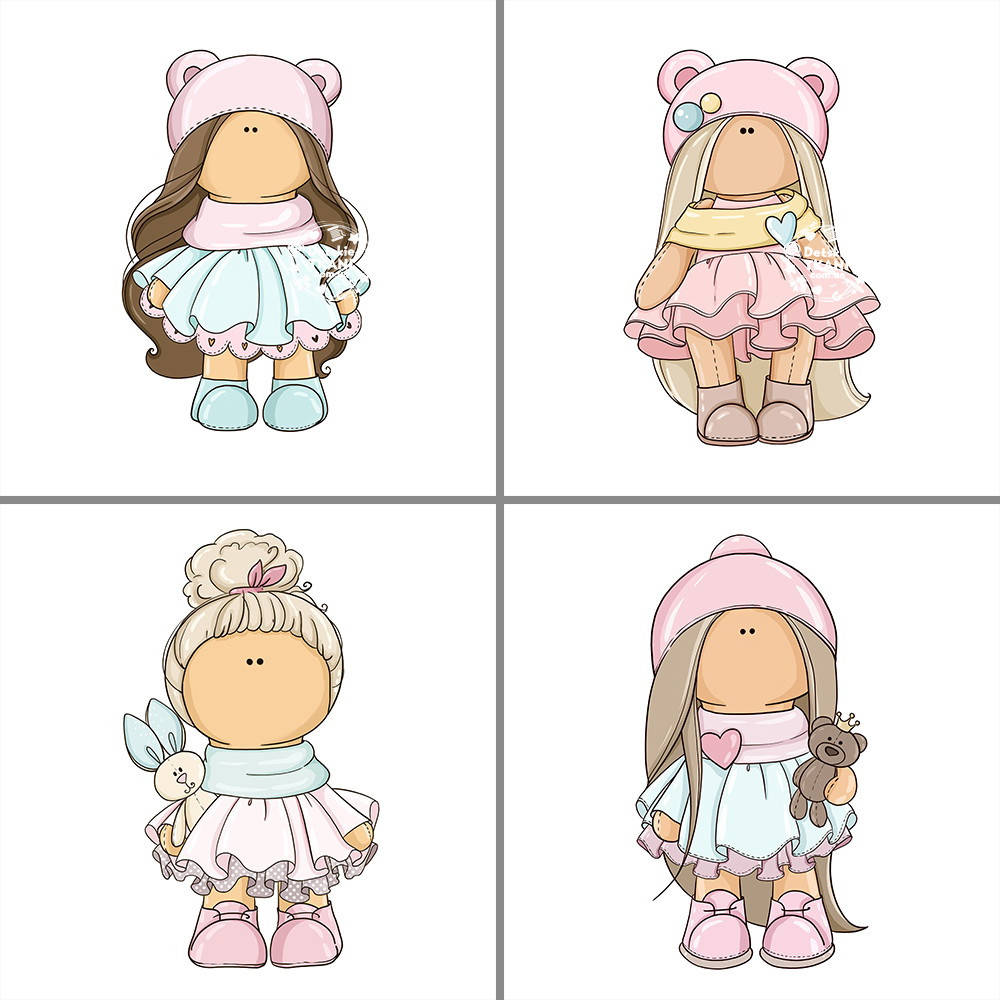 

Панельки из сатина 4 шт размером 33*33 см с куклами Doll.