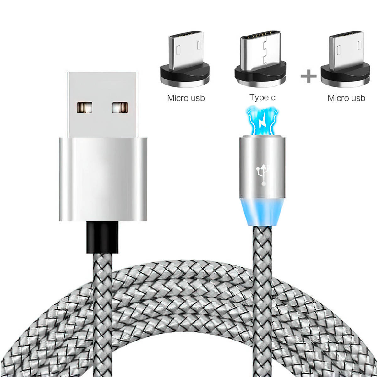

Магнитная зарядка для телефона 3в1 "X-Cable", магнитный кабель Type-c и micro USB (2 шт.) Серебристый (TL), Серый