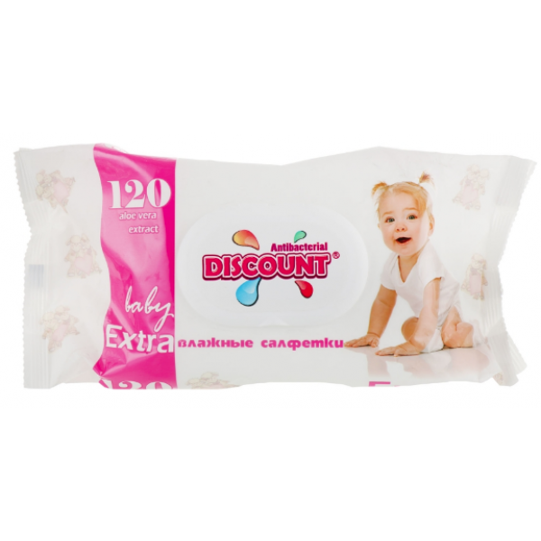 

Салфетки влажные Discount Extra с экстрактом алоэ с клапаном для детей, 120 шт