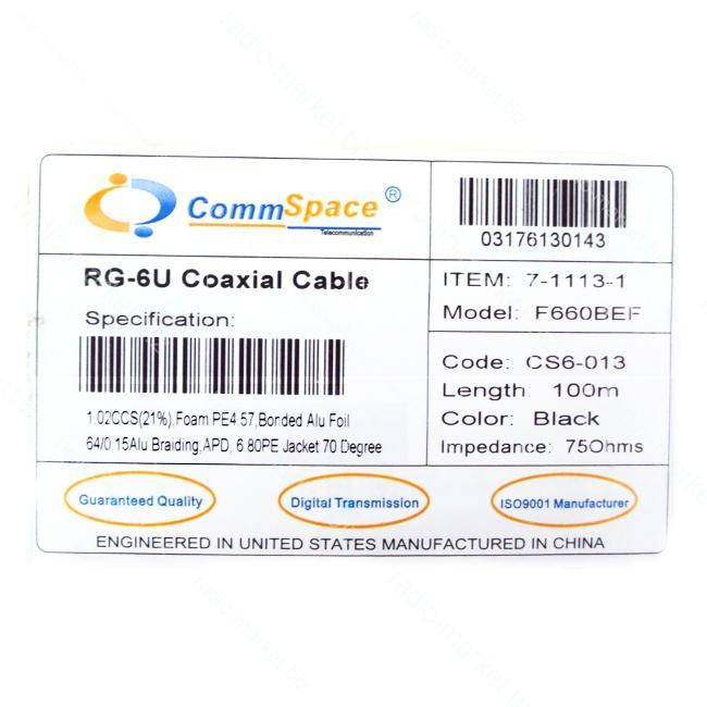 

Коаксиальный кабель F660BEF RG-6U 75 Ом, чёрный, Черный