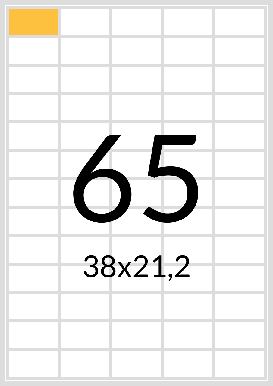 

Самоклеящаяся бумага А4 (матовая) - 65 этикеток на листе. Размер: 38х21,2 мм., Белый