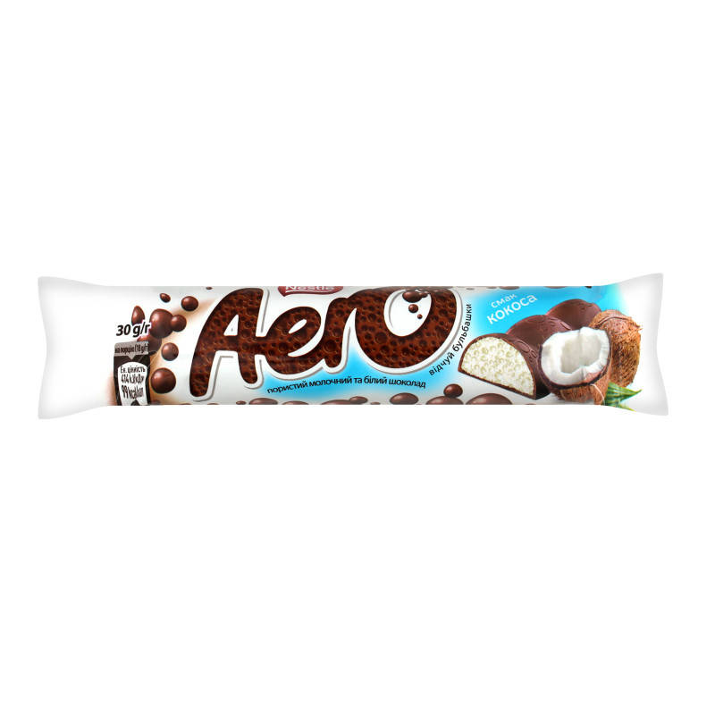 

Шоколадный батончик Aero пористый молочный и белый шоколад со вкусом кокоса 30 г.
