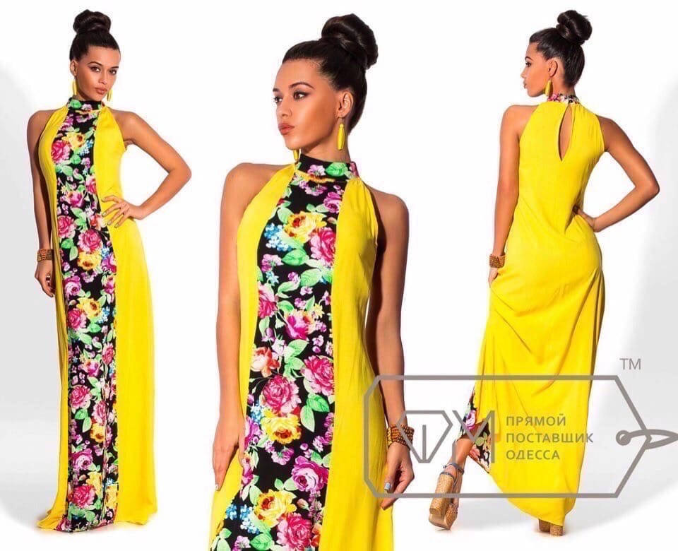 

Длинное платье в пол однотонное яркое с цветной вставкой Желтый, 42