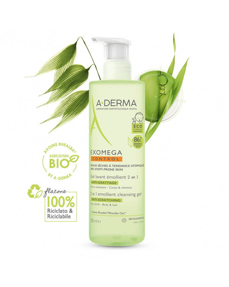 

Очищающий гель эмолиент 2 в 1 для тела и волос A-derma Exomega Control gel А-Дерма Экзомега Гель 2 в 1 500мл