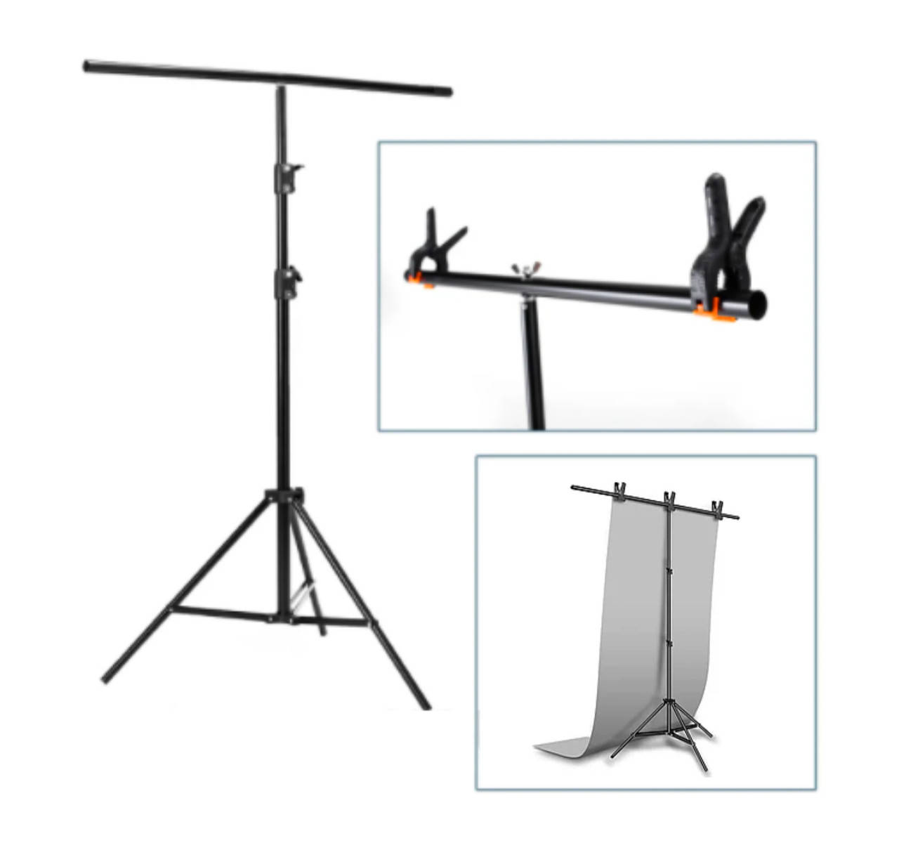 

Держатель фона 220х150 см, стойка с перекладиной для хромакея, прищепки, Черный