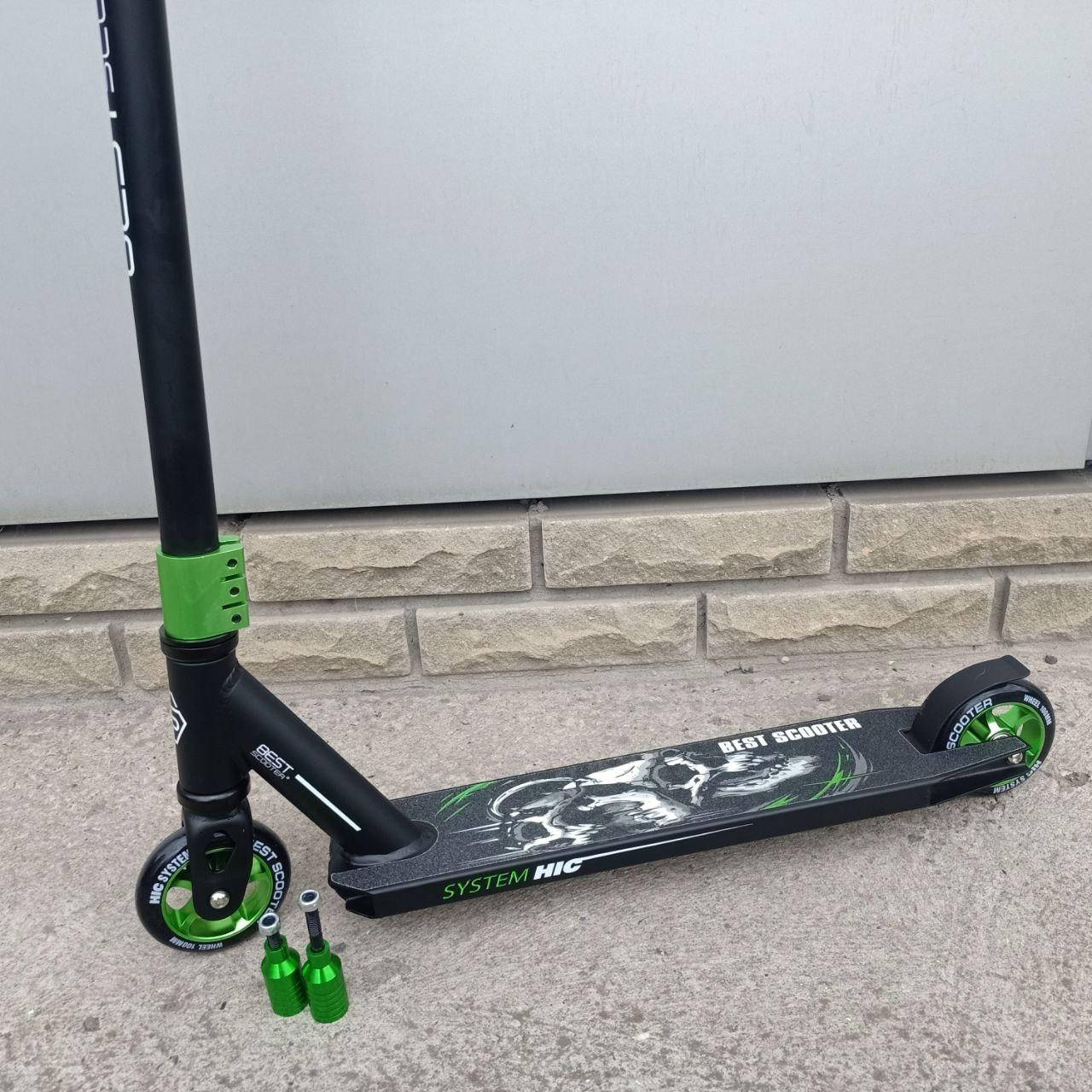 

Самокат трюковой зеленый Череп (5-12 лет) Пеги Best Scooter HIC, алюминиевый диск, колеса 10 см, Зелёный