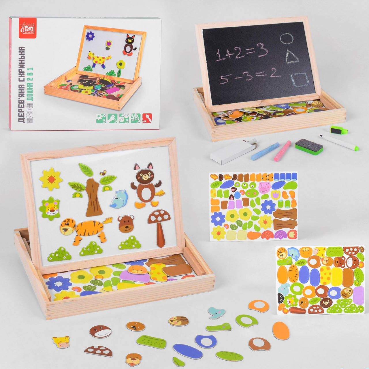 

Деревянная двухсторонняя интерактивная доска 2в1 с набором магнитов 82146 Монтессори