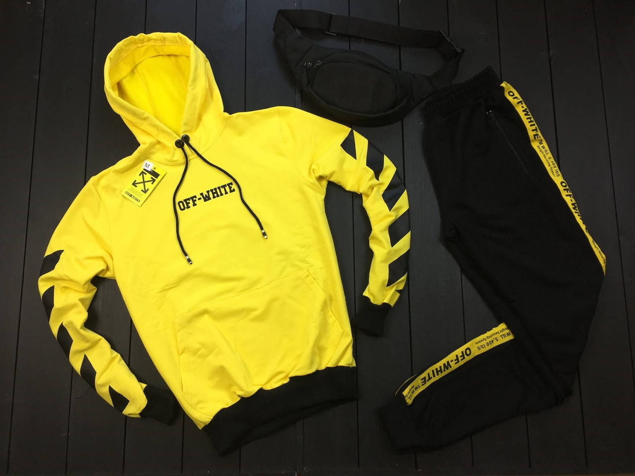 

Спортивный мужской костюм Off-White трикотаж двунитка, желтый с черным