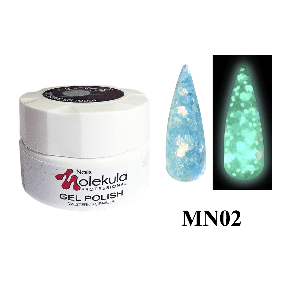 

Гель-лак Molekula Magic Night № MN02 (полупрозрачный с голубыми хлопьями и переливающимися блестками