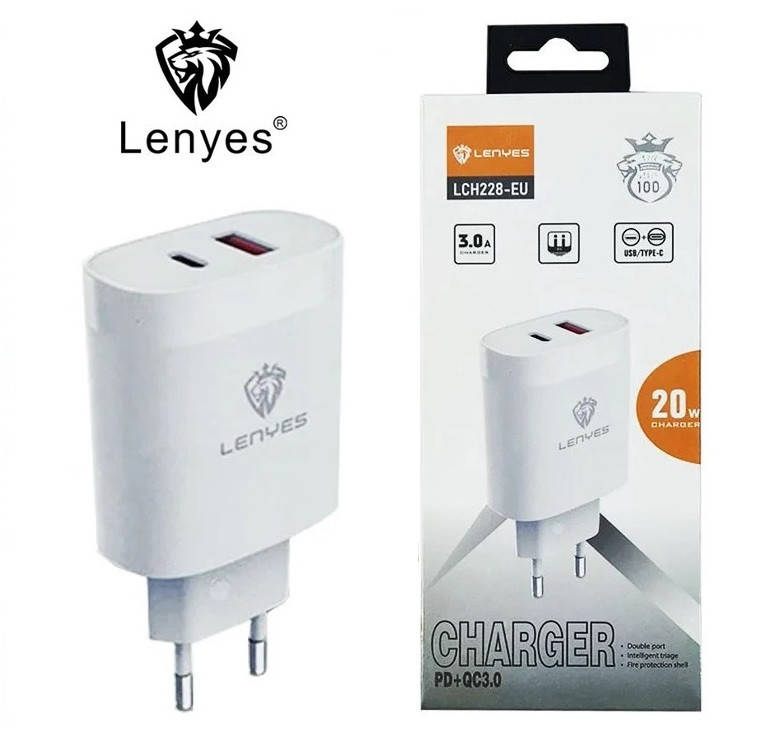 

Адаптер быстрая зарядка до 3А Lenyes LCH228 USB + Type-С, Белый