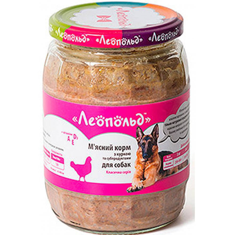 

Консерва для собак Леопольд мясной корм с курицей и субпродуктами 720г