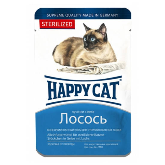 

Happy Cat 100гр * 22шт паучи для стерилизованных кошек (лосось)