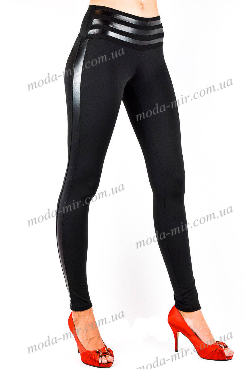 

Женские лосины леггинсы с высокой посадкой / Леггинсы черные c кожаными вставками весна/осень, Черный