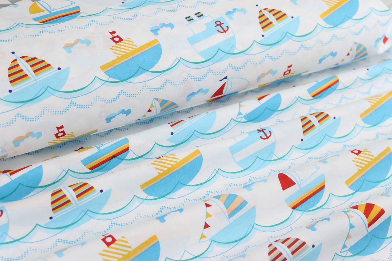 

Хлопковая бязь "Корабли с парусниками на волнах" №1017, Разные цвета