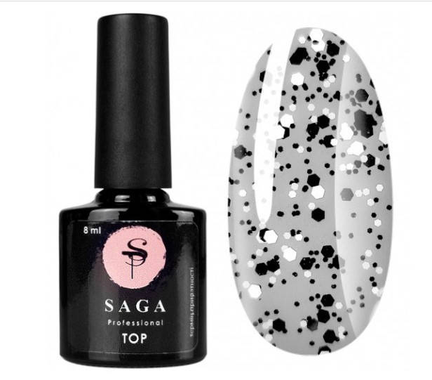 

Топ для ногтей Saga Top Geometry №3 с черными и белыми краплениями 8мл без липкого слоя, Белый