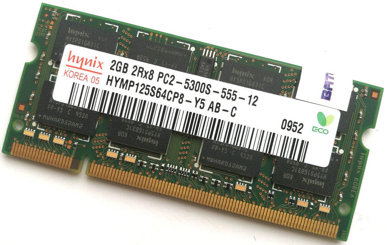 

Оперативная память для ноутбука Hynix SODIMM DDR2 2Gb 667MHz 5300s CL5 (HYMP125S64CP8-Y5 AB-C) Б/У