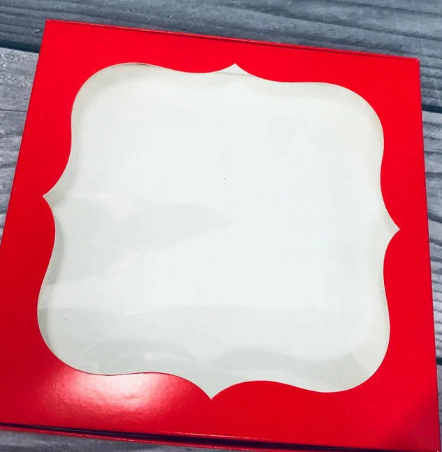 

Коробка для печива, пряників, з вікном, 20 см х 20 см х 3 см, мілований картон красный