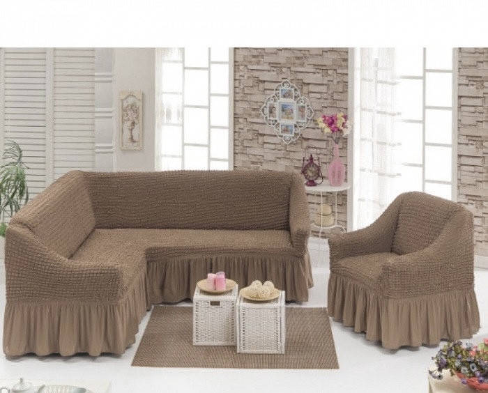 

Натяжной чехол на угловой диван + кресло/Чехол на диван универсальный Турция лате