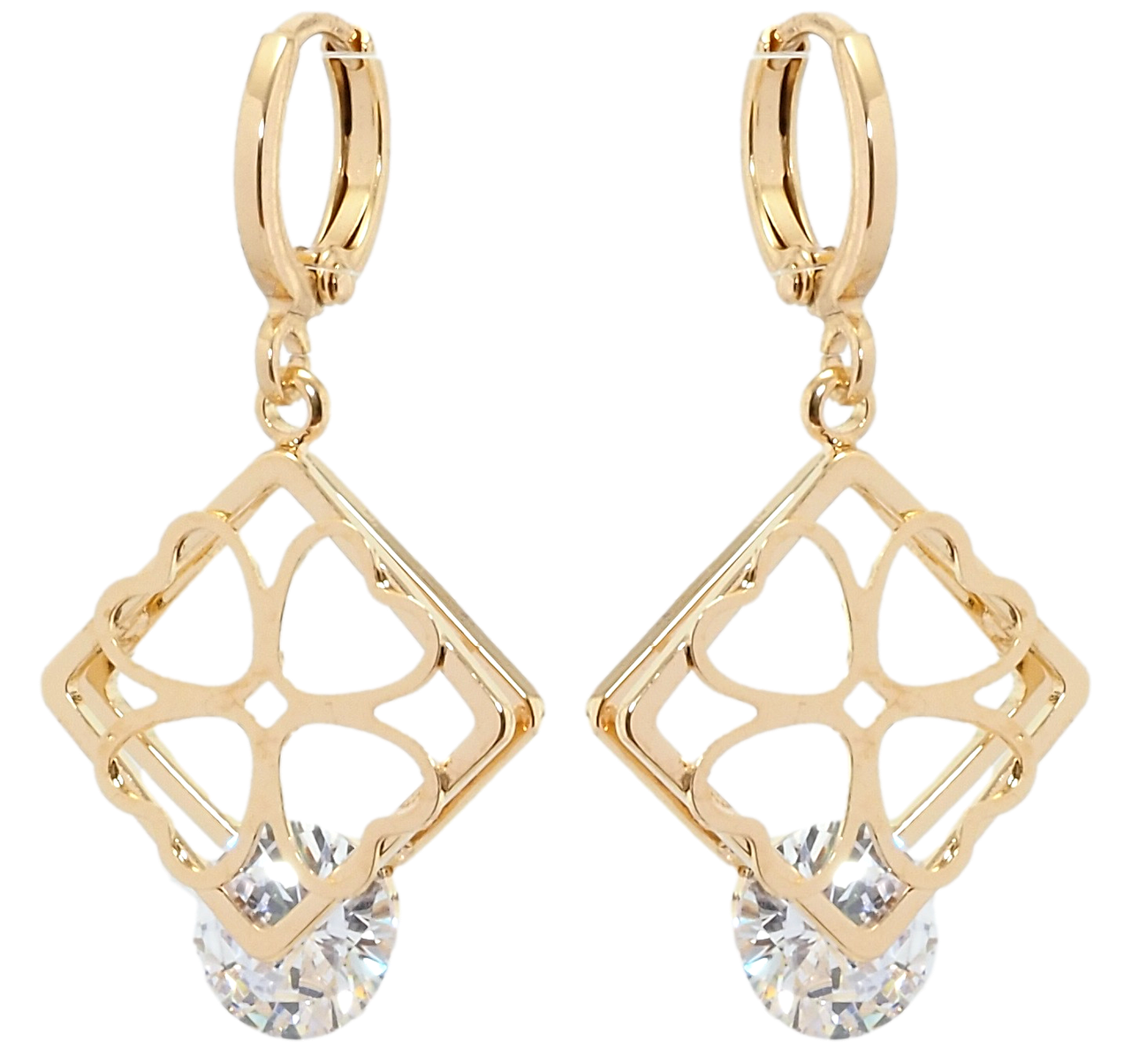

Серьги Xuping Позолота 18K подвески на колечках "Ромбы с четырехлистниками и фианитами"