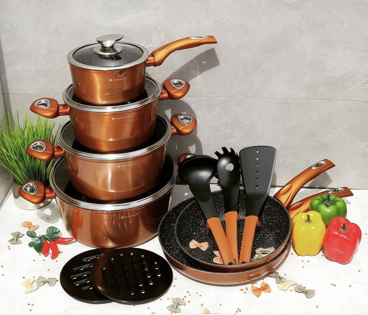 

Набор кухонной посуды 15 предметов Edenberg EB-5618 Набор кастрюль казанов с мраморным покрытием Медовый, Золотистый